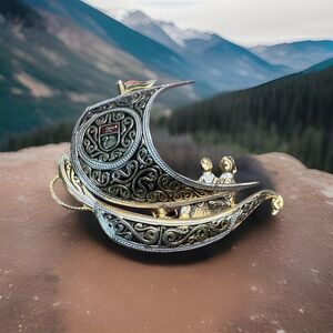 VINTAGE Spanish Damascene Gold Tone Sail Boat Unique Brooch Maritime Nautical